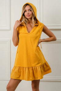 Ruffled French Terry Hooded Athleisure Mini Dress, Mustard-This Ruffled French Terry Hooded Dress combines feminine ruffles with a cozy French terry fabric and a practical hood making it perfect for a chic athleisure outfit.-Reef Love Boho-Chic Boutique