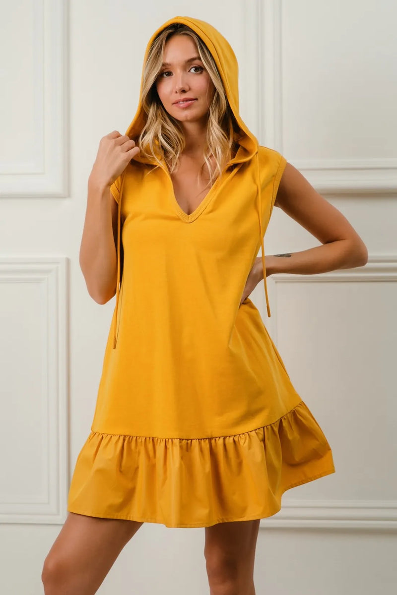 Ruffled French Terry Hooded Athleisure Mini Dress, Mustard-This Ruffled French Terry Hooded Dress combines feminine ruffles with a cozy French terry fabric and a practical hood making it perfect for a chic athleisure outfit.-Reef Love Boho-Chic Boutique