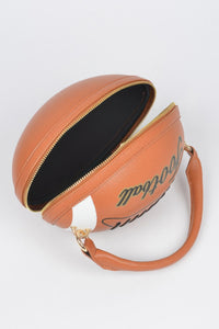 Rugby Football Season Crossbody Bag, Designed in the shape of a rugby ball. Detachable Strap, top handle.
