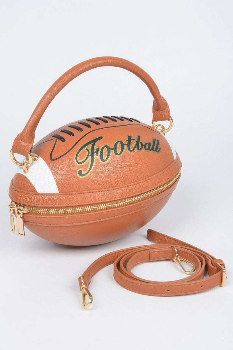 Rugby Football Season Crossbody Bag, Designed in the shape of a rugby ball. Detachable Strap, top handle.