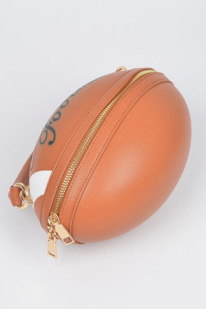 Rugby Football Season Crossbody Bag, Designed in the shape of a rugby ball. Detachable Strap, top handle.