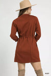 Rust Drawstring Cable Knit Mini Dress-Rust Drawstring Cable Knit Mini Dress. This cable knit mini dress features a drawstring waist and convenient pockets for a cozy and practical look. 