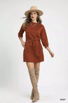 Rust Drawstring Cable Knit Mini Dress-Rust Drawstring Cable Knit Mini Dress. This cable knit mini dress features a drawstring waist and convenient pockets for a cozy and practical look. 