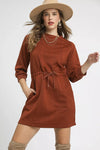 Rust Drawstring Cable Knit Mini Dress-Rust Drawstring Cable Knit Mini Dress. This cable knit mini dress features a drawstring waist and convenient pockets for a cozy and practical look. 