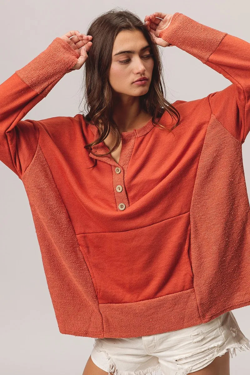 Rust French Terry Knit Side Block Buttoned Henley Top-Rust French terry Henley top with side block detail and button accents. Oversized, cozy knit with pockets—perfect for casual fall outfits or lounging.-Reef Love