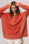 Rust French Terry Knit Side Block Buttoned Henley Top-Rust French terry Henley top with side block detail and button accents. Oversized, cozy knit with pockets—perfect for casual fall outfits or lounging.-Reef Love