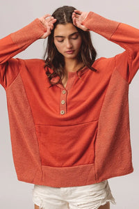 Rust French Terry Knit Side Block Buttoned Henley Top-Rust French terry Henley top with side block detail and button accents. Oversized, cozy knit with pockets—perfect for casual fall outfits or lounging.-Reef Love