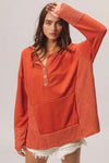 Rust French Terry Knit Side Block Buttoned Henley Top-Rust French terry Henley top with side block detail and button accents. Oversized, cozy knit with pockets—perfect for casual fall outfits or lounging.-Reef Love