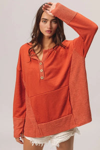 Rust French Terry Knit Side Block Buttoned Henley Top-Rust French terry Henley top with side block detail and button accents. Oversized, cozy knit with pockets—perfect for casual fall outfits or lounging.-Reef Love