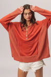 Rust French Terry Knit Side Block Buttoned Henley Top-Rust French terry Henley top with side block detail and button accents. Oversized, cozy knit with pockets—perfect for casual fall outfits or lounging.-Reef Love