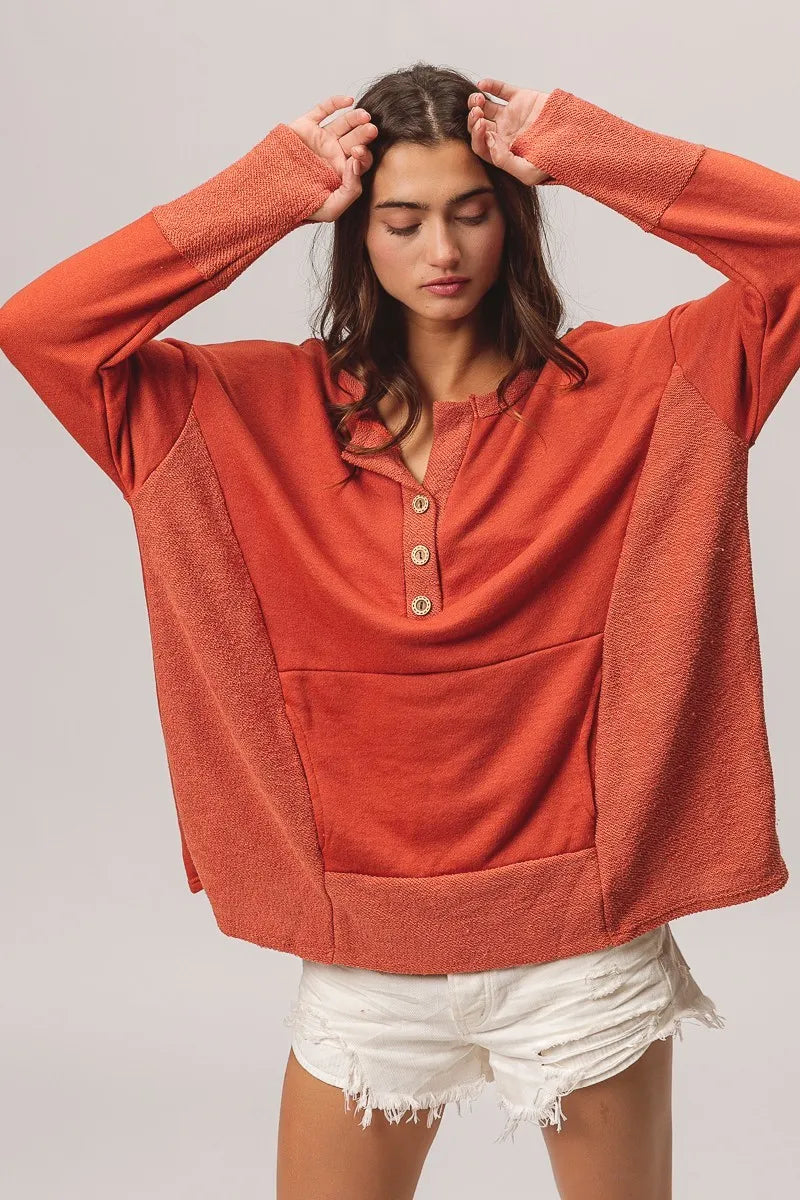 Rust French Terry Knit Side Block Buttoned Henley Top-Rust French terry Henley top with side block detail and button accents. Oversized, cozy knit with pockets—perfect for casual fall outfits or lounging.-Reef Love