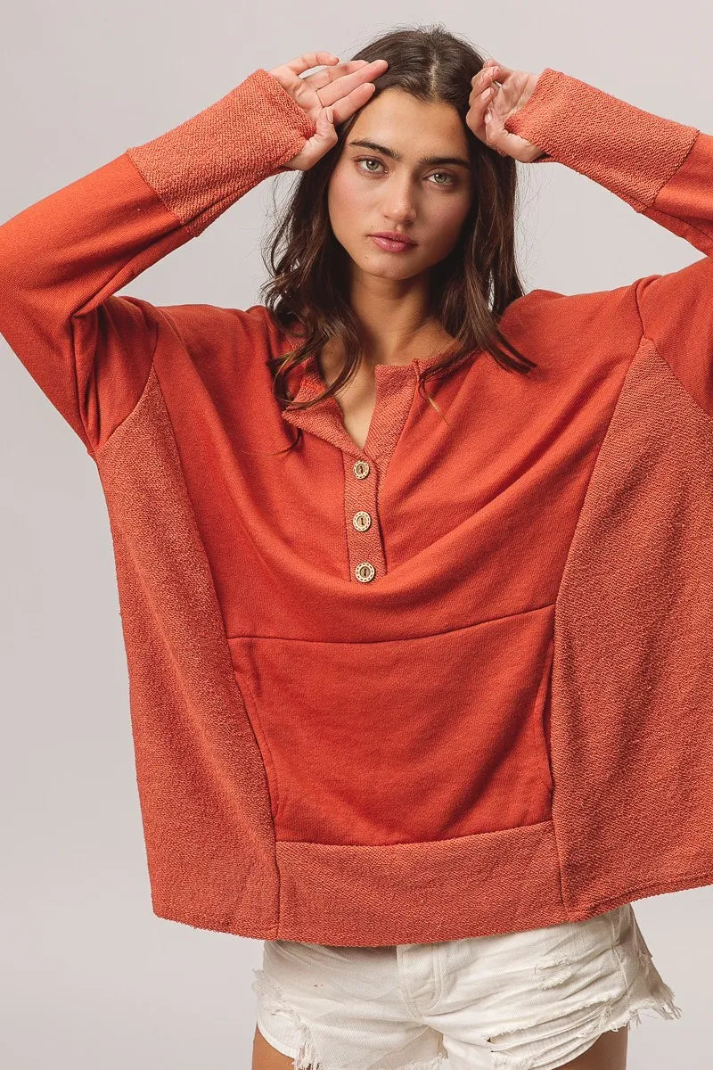 Rust French Terry Knit Side Block Buttoned Henley Top-Rust French terry Henley top with side block detail and button accents. Oversized, cozy knit with pockets—perfect for casual fall outfits or lounging.-Reef Love
