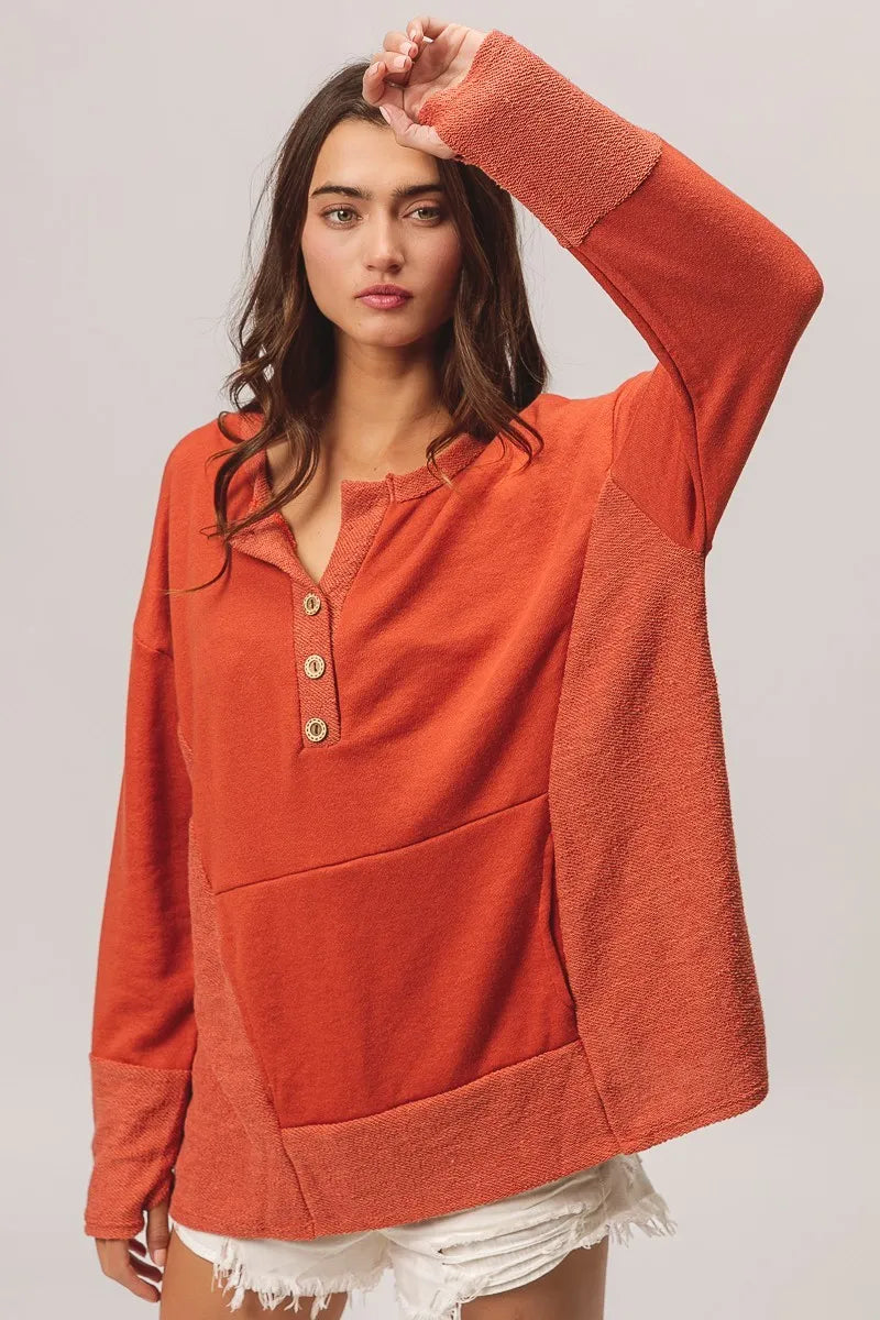 Rust French Terry Knit Side Block Buttoned Henley Top-Rust French terry Henley top with side block detail and button accents. Oversized, cozy knit with pockets—perfect for casual fall outfits or lounging.-Reef Love
