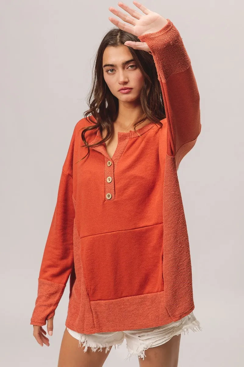 Rust French Terry Knit Side Block Buttoned Henley Top-Rust French terry Henley top with side block detail and button accents. Oversized, cozy knit with pockets—perfect for casual fall outfits or lounging.-Reef Love