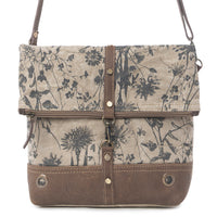 Floral patterned bag with brown accents on a white background