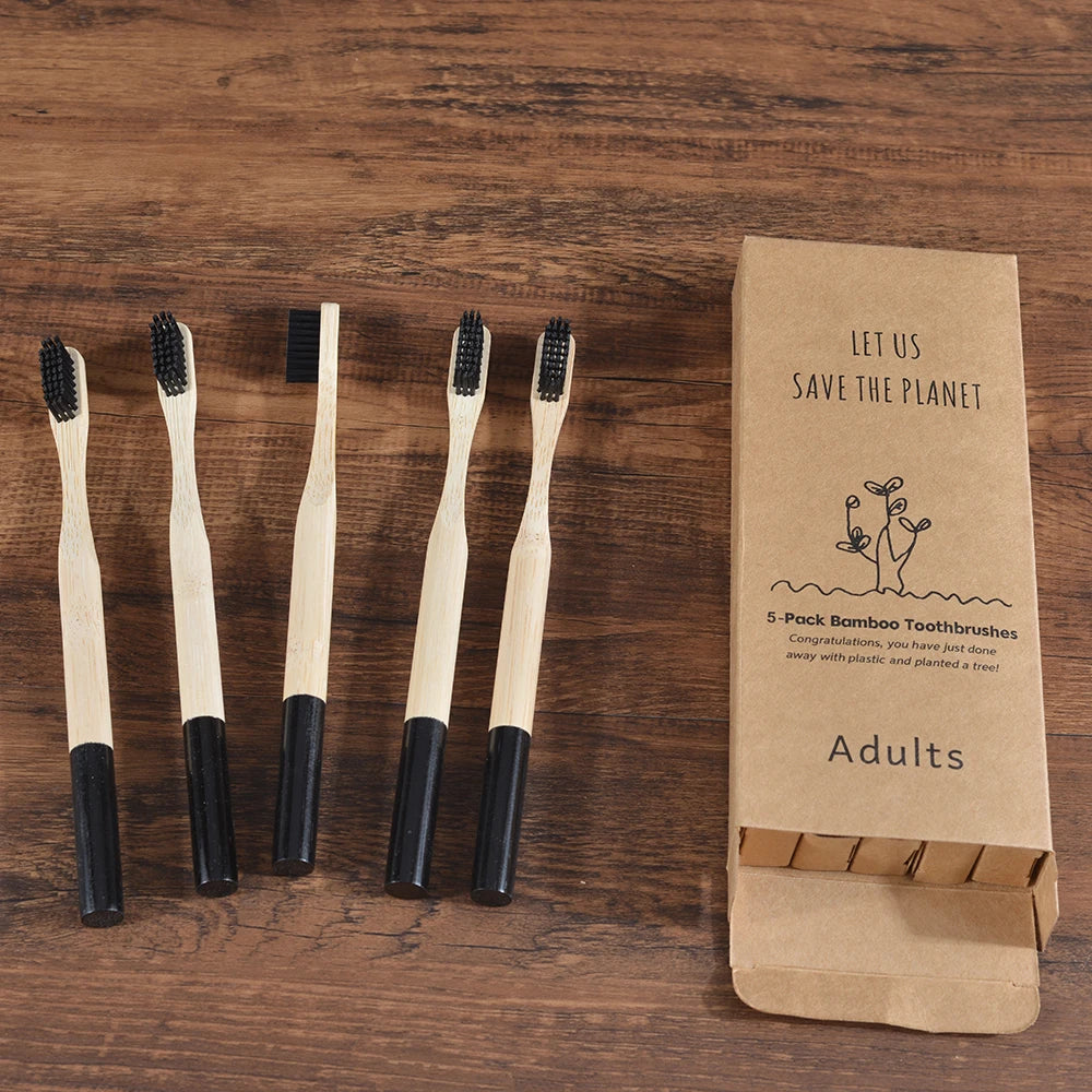 Woman wearing 5 Pack Adult Bamboo Toothbrush Medium Bristles Eco Friendly-5-pack bamboo toothbrush set with biodegradable handles & medium BPA-free bristles. Eco-friendly, vegan, plastic-free & individually packaged.