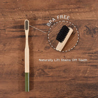 Woman wearing 5 Pack Adult Bamboo Toothbrush Medium Bristles Eco Friendly-5-pack bamboo toothbrush set with biodegradable handles & medium BPA-free bristles. Eco-friendly, vegan, plastic-free & individually packaged.