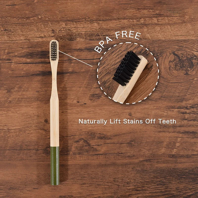 Woman wearing 5 Pack Adult Bamboo Toothbrush Medium Bristles Eco Friendly-5-pack bamboo toothbrush set with biodegradable handles & medium BPA-free bristles. Eco-friendly, vegan, plastic-free & individually packaged.