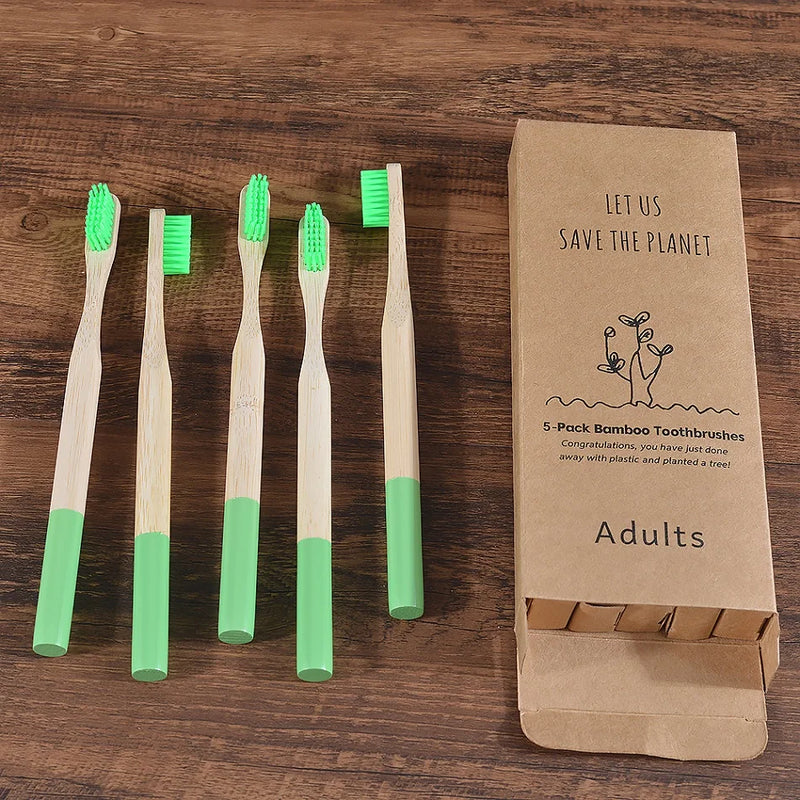 Woman wearing 5 Pack Adult Bamboo Toothbrush Medium Bristles Eco Friendly-5-pack bamboo toothbrush set with biodegradable handles & medium BPA-free bristles. Eco-friendly, vegan, plastic-free & individually packaged.
