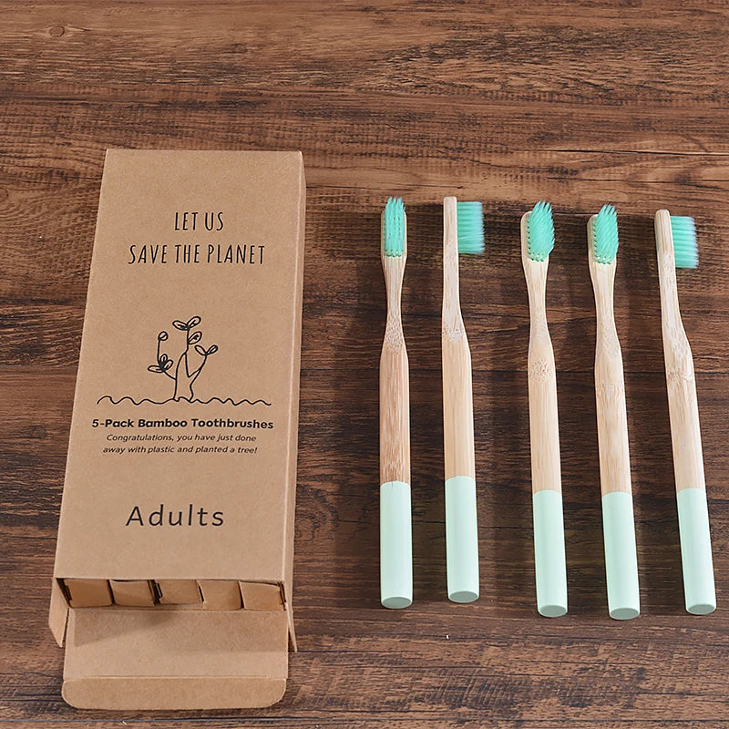 Woman wearing 5 Pack Adult Bamboo Toothbrush Medium Bristles Eco Friendly-5-pack bamboo toothbrush set with biodegradable handles & medium BPA-free bristles. Eco-friendly, vegan, plastic-free & individually packaged.