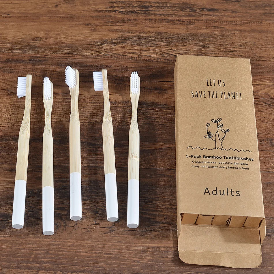 Woman wearing 5 Pack Adult Bamboo Toothbrush Medium Bristles Eco Friendly-5-pack bamboo toothbrush set with biodegradable handles & medium BPA-free bristles. Eco-friendly, vegan, plastic-free & individually packaged.