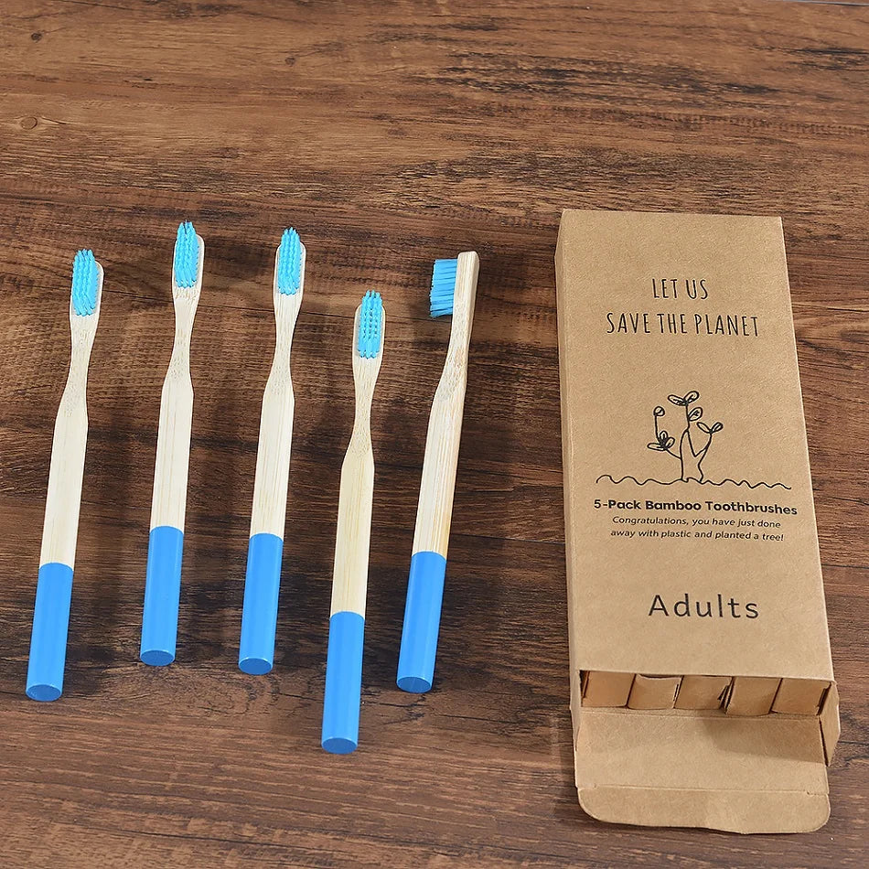 Woman wearing 5 Pack Adult Bamboo Toothbrush Medium Bristles Eco Friendly-5-pack bamboo toothbrush set with biodegradable handles & medium BPA-free bristles. Eco-friendly, vegan, plastic-free & individually packaged.