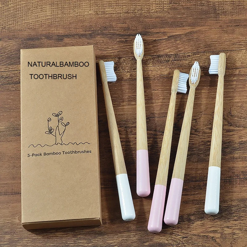Woman wearing 5 Pack Adult Bamboo Toothbrush Medium Bristles Eco Friendly-5-pack bamboo toothbrush set with biodegradable handles & medium BPA-free bristles. Eco-friendly, vegan, plastic-free & individually packaged.