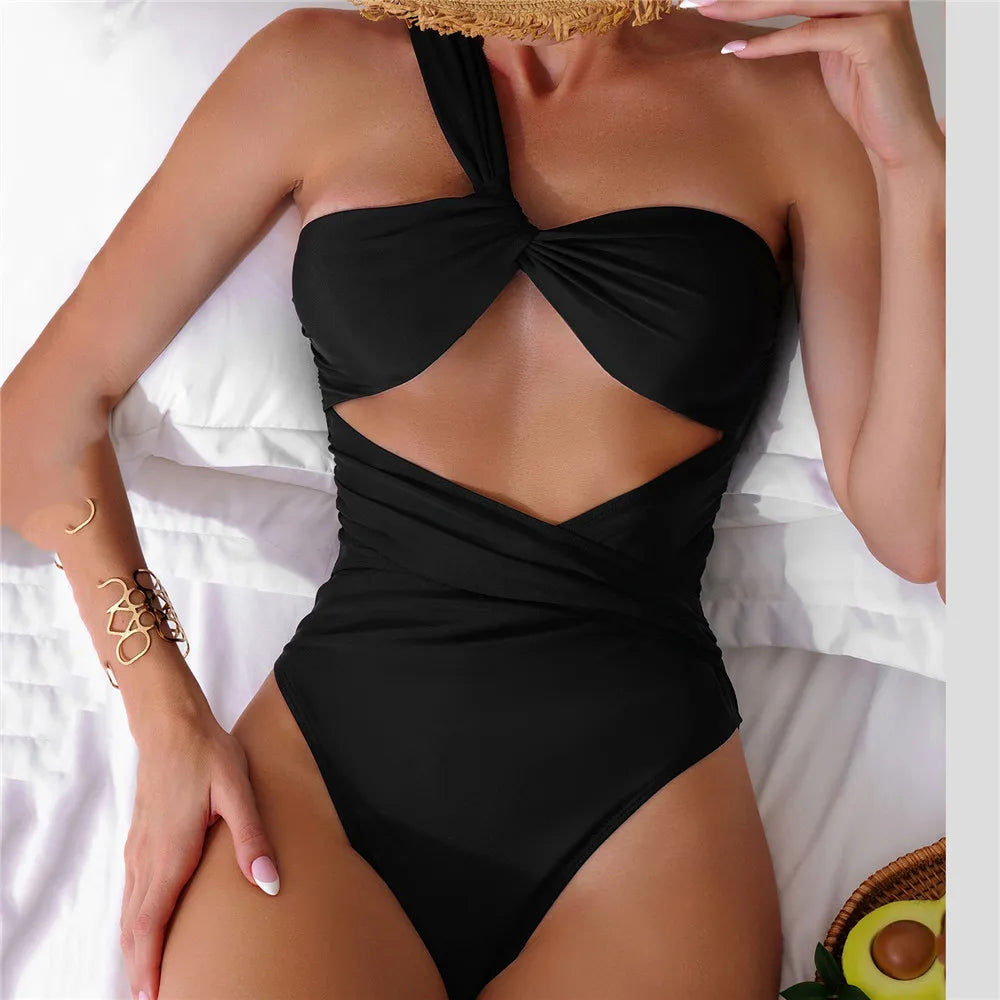 One Shoulder Black One Piece Swimsuit