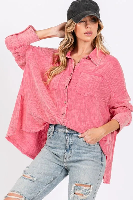 SAGE + FIG Frayed Hem Side Slit Button Down Shirt, Pink