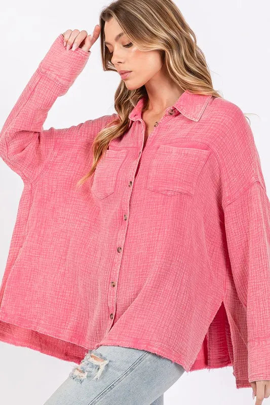 SAGE + FIG Frayed Hem Side Slit Button Down Shirt, Pink