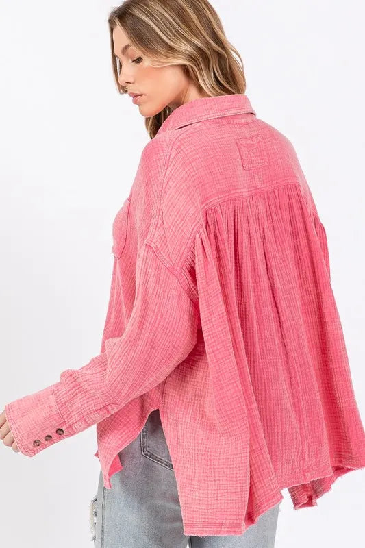 SAGE + FIG Frayed Hem Side Slit Button Down Shirt, Pink