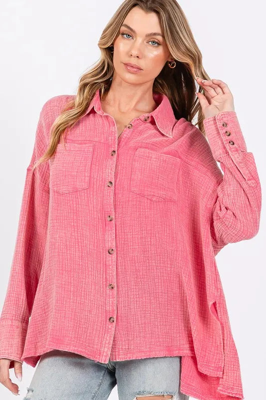 SAGE + FIG Frayed Hem Side Slit Button Down Shirt, Pink