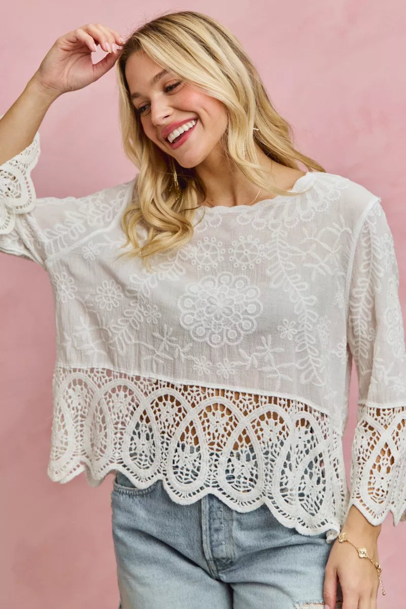 SO ME Floral Embroidered Crochet Lace Trimmed Top-Reef Love