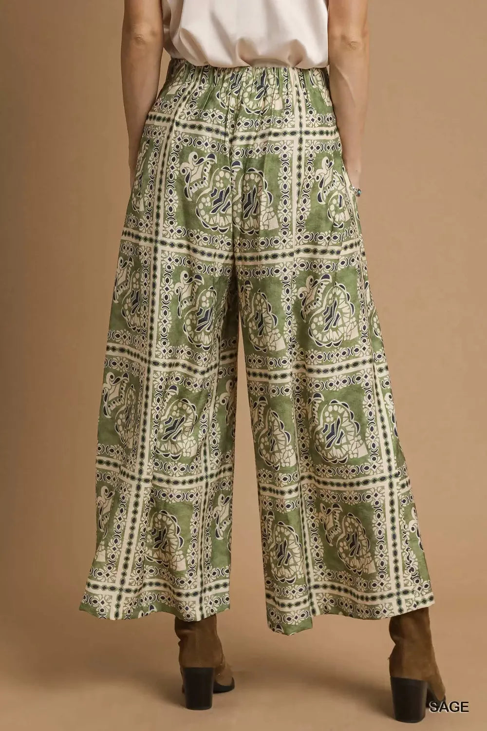 Sage Bohemian Print Wide-Leg Pants with Pockets