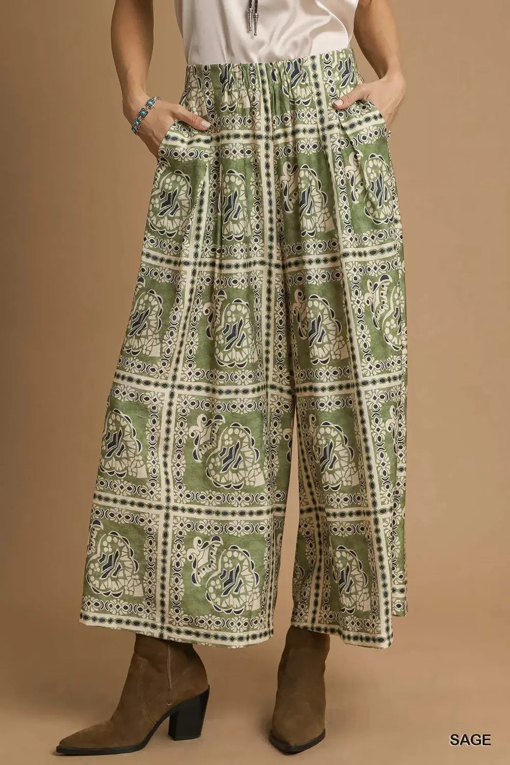 Sage Bohemian Print Wide-Leg Pants with Pockets