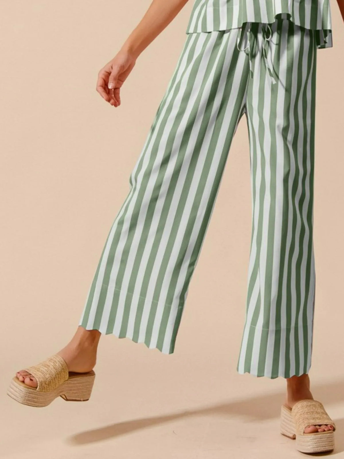 Shop Sage Front Tie Stripe Top and Wide Leg Pants Set-Sage & White Striped Tie-Front Blouse & Wide-Leg Pants Set – Effortless Summer Style Brighten your warm-weather wardrobe with polished Sage & White Stripes.-available at Reef Love online boho-chic boutique
