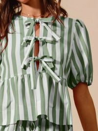Shop Sage Front Tie Stripe Top and Wide Leg Pants Set-Sage & White Striped Tie-Front Blouse & Wide-Leg Pants Set – Effortless Summer Style Brighten your warm-weather wardrobe with polished Sage & White Stripes.-available at Reef Love online boho-chic boutique