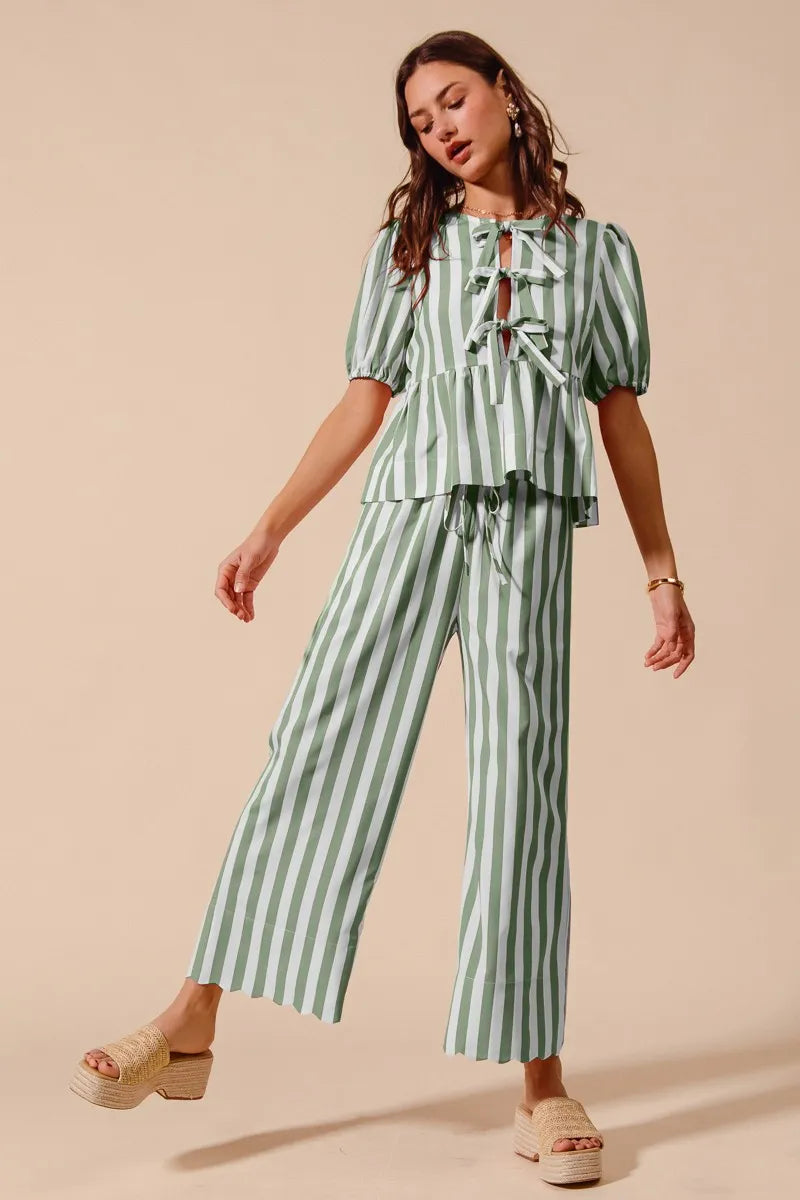 Shop Sage Front Tie Stripe Top and Wide Leg Pants Set-Sage & White Striped Tie-Front Blouse & Wide-Leg Pants Set – Effortless Summer Style Brighten your warm-weather wardrobe with polished Sage & White Stripes.-available at Reef Love online boho-chic boutique