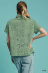 Sage Patch Lace Short Sleeve Button Down Blouse-Sage lace patch short sleeve button down blouse. Feminine, breathable cotton top that pairs effortlessly with denim, skirts, or tailored pants.-Reef Love