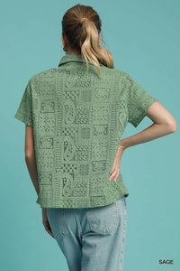 Sage Patch Lace Short Sleeve Button Down Blouse-Sage lace patch short sleeve button down blouse. Feminine, breathable cotton top that pairs effortlessly with denim, skirts, or tailored pants.-Reef Love