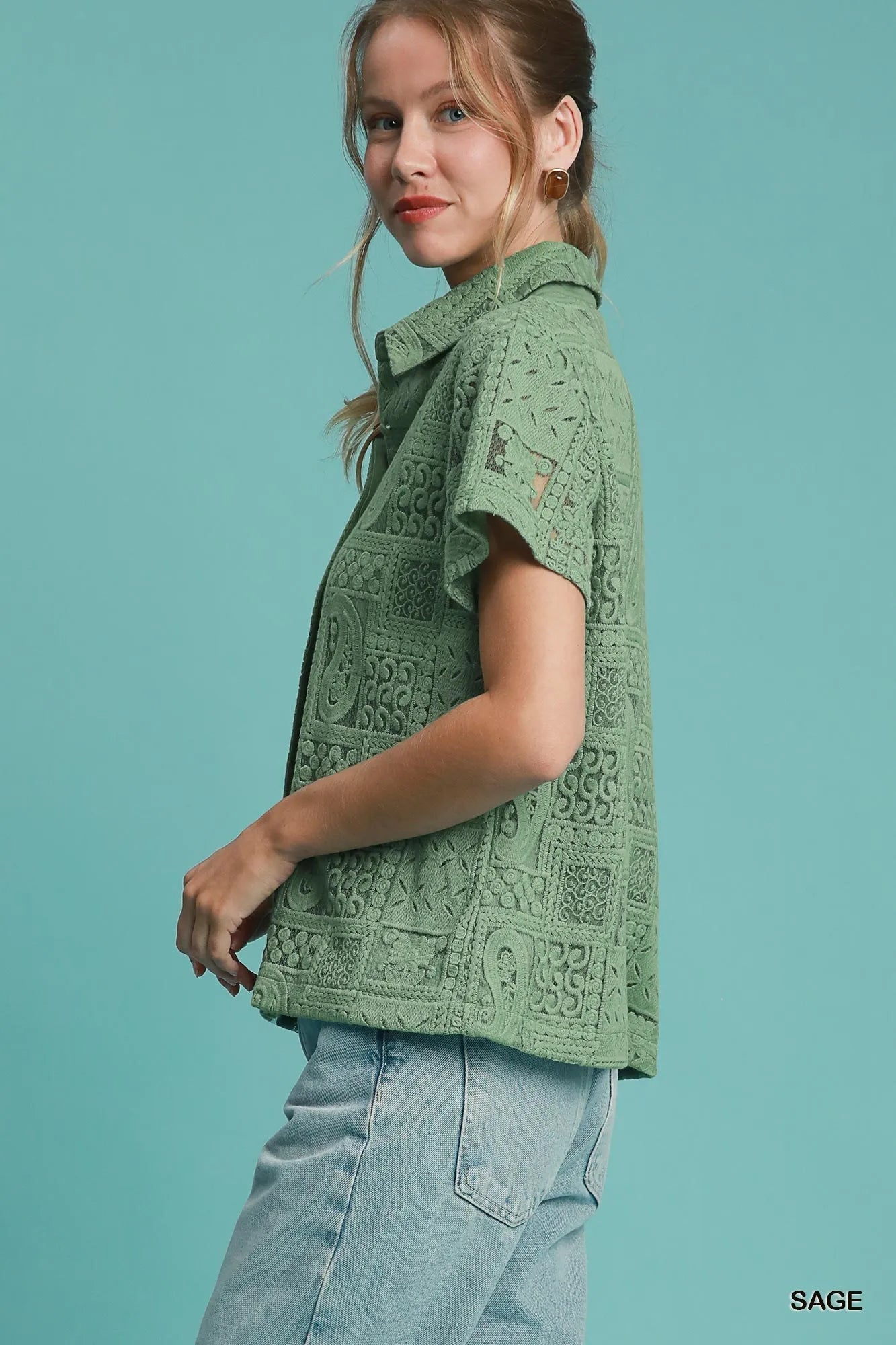Sage Patch Lace Short Sleeve Button Down Blouse-Sage lace patch short sleeve button down blouse. Feminine, breathable cotton top that pairs effortlessly with denim, skirts, or tailored pants.-Reef Love