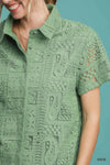Sage Patch Lace Short Sleeve Button Down Blouse-Sage lace patch short sleeve button down blouse. Feminine, breathable cotton top that pairs effortlessly with denim, skirts, or tailored pants.-Reef Love