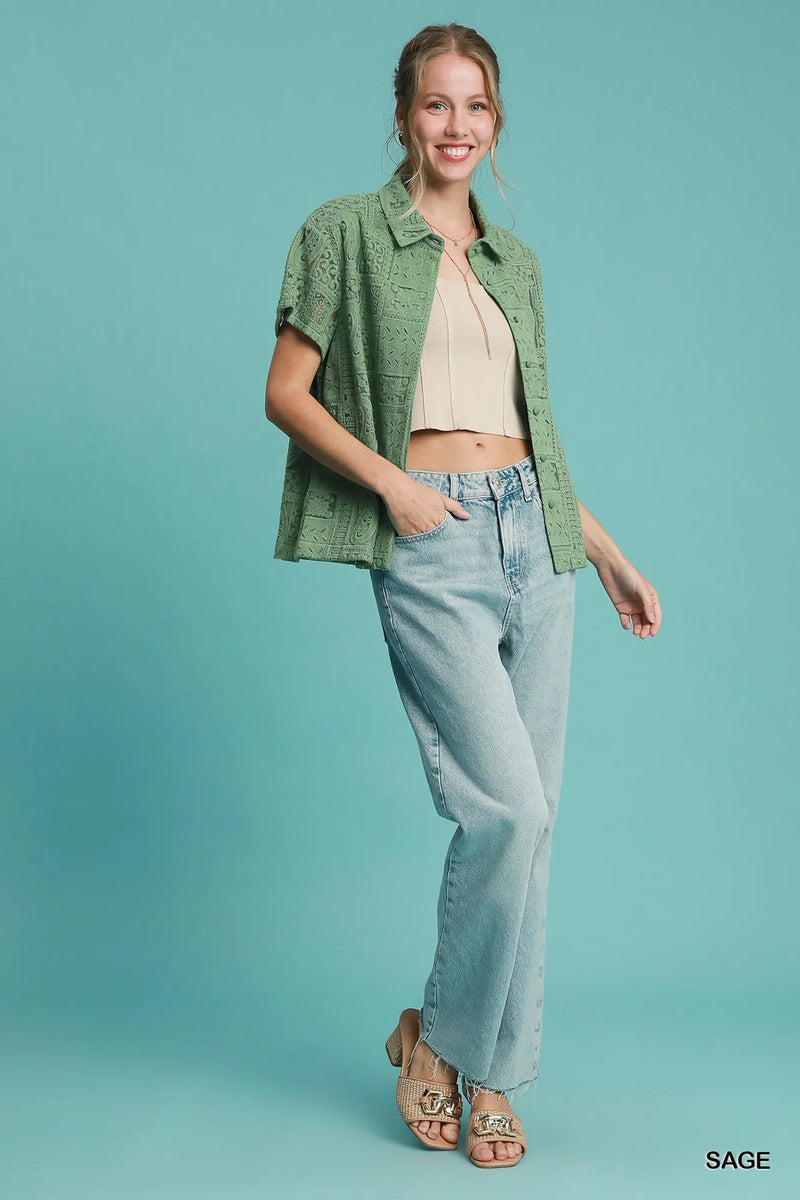 Sage Patch Lace Short Sleeve Button Down Blouse-Sage lace patch short sleeve button down blouse. Feminine, breathable cotton top that pairs effortlessly with denim, skirts, or tailored pants.-Reef Love