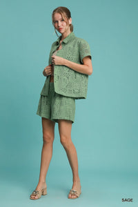 Sage Patch Lace Short Sleeve Button Down Blouse-Sage lace patch short sleeve button down blouse. Feminine, breathable cotton top that pairs effortlessly with denim, skirts, or tailored pants.-Reef Love