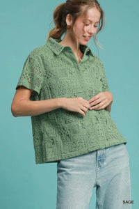 Sage Patch Lace Short Sleeve Button Down Blouse-Sage lace patch short sleeve button down blouse. Feminine, breathable cotton top that pairs effortlessly with denim, skirts, or tailored pants.-Reef Love