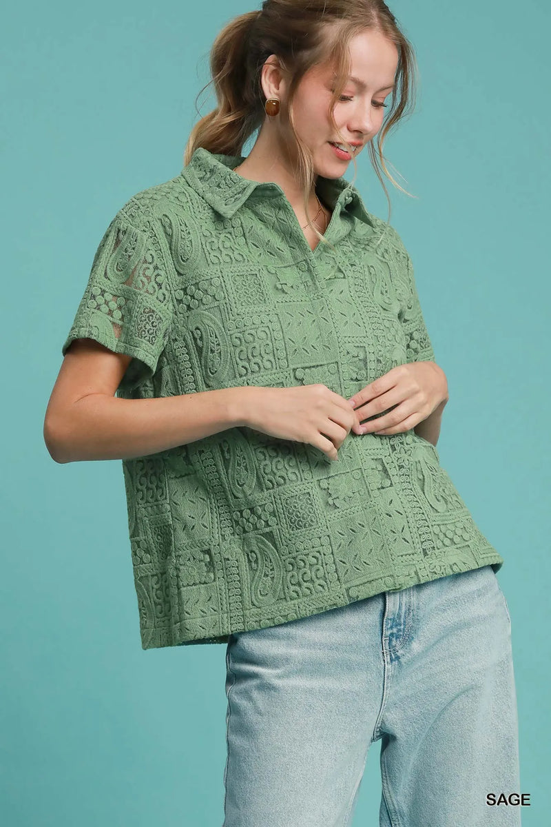 Sage Patch Lace Short Sleeve Button Down Blouse-Sage lace patch short sleeve button down blouse. Feminine, breathable cotton top that pairs effortlessly with denim, skirts, or tailored pants.-Reef Love