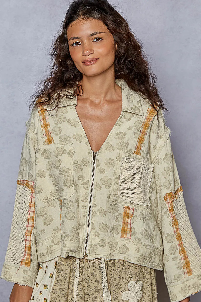 Sage Raw Hem Zip Up Floral Jacket with Plaid and Crochet Patch-Jacket-Reef Love