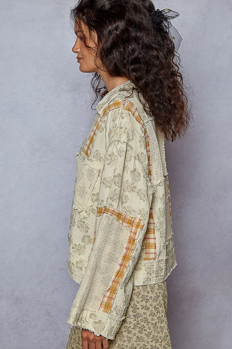 Sage Raw Hem Zip Up Floral Jacket with Plaid and Crochet Patch-Jacket-Reef Love