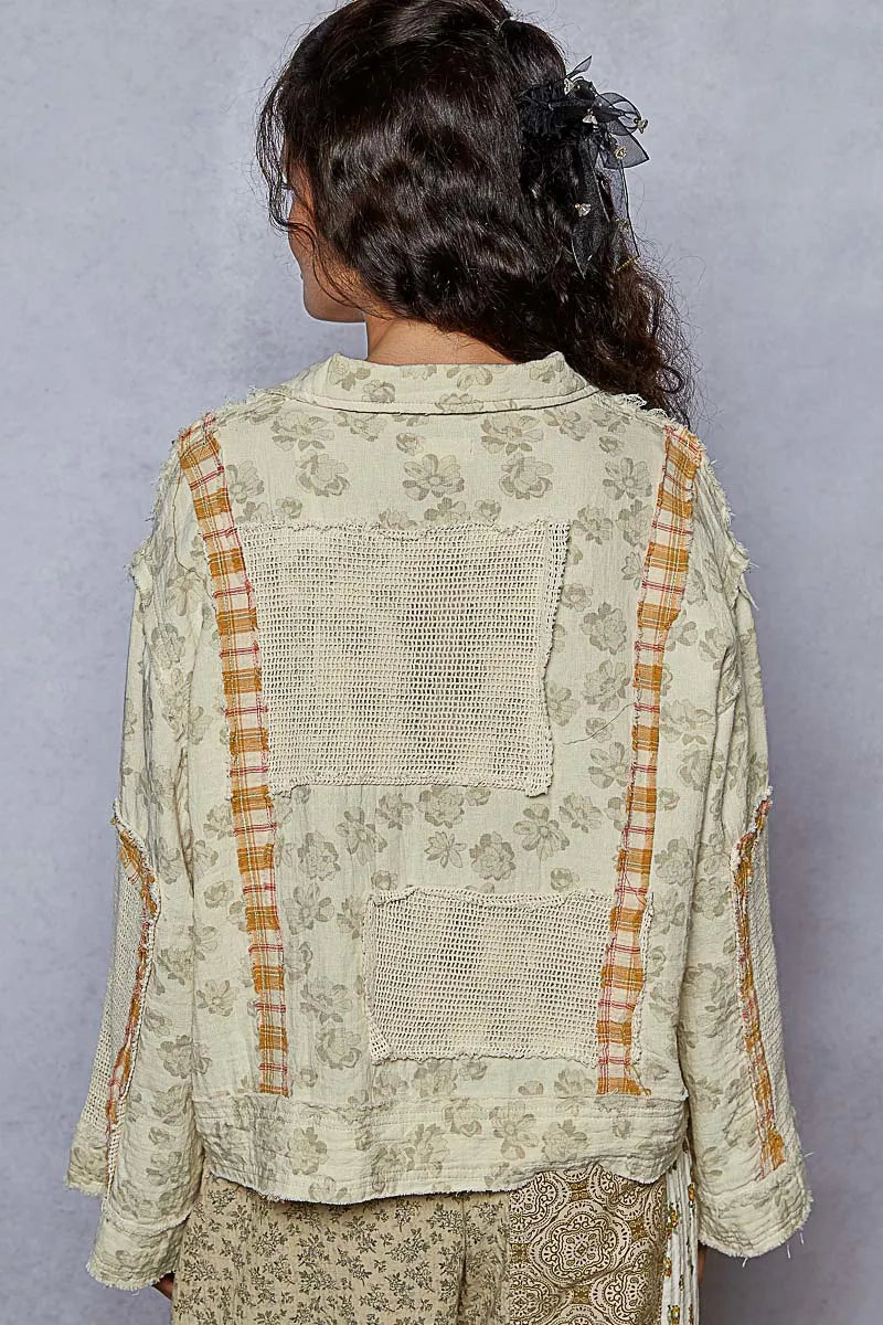 Sage Raw Hem Zip Up Floral Jacket with Plaid and Crochet Patch-Jacket-Reef Love