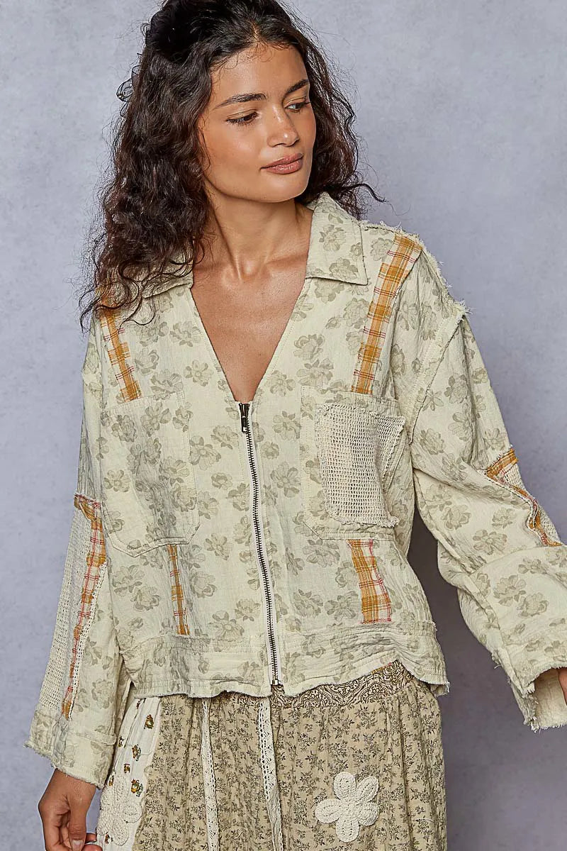 Sage Raw Hem Zip Up Floral Jacket with Plaid and Crochet Patch-Jacket-Reef Love
